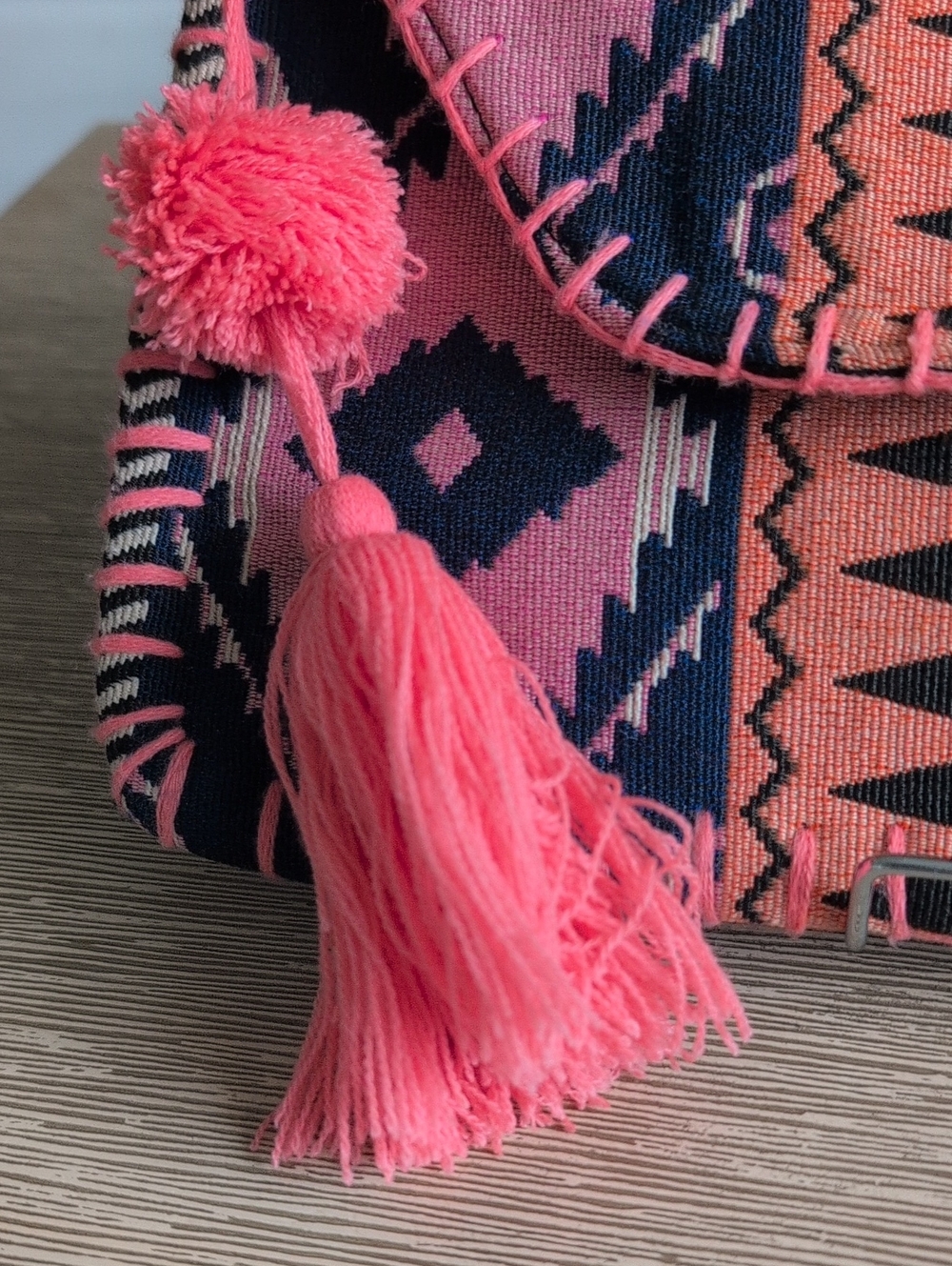 Pink & Navy and Black Geometric Tassel Textile Summer Clutch Purse - Picture 3 of 8